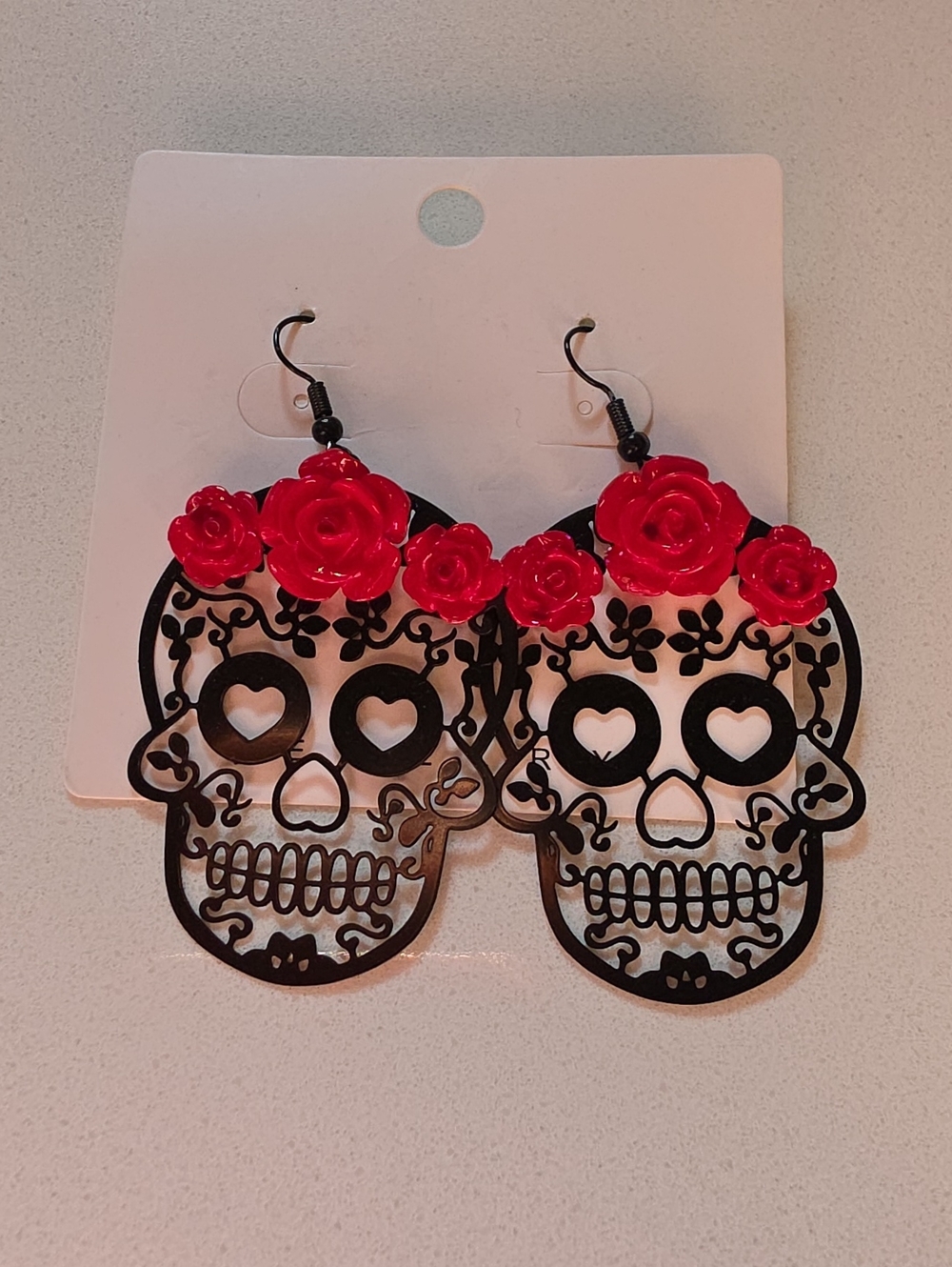 Sugar Skull Dangle Earrings with Red Rose Accents